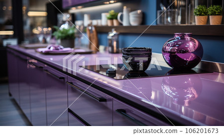 Purple Glance Kitchen in modern style with light worktop with kitchen utensils. 106201673