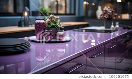 Purple Glance Kitchen in modern style with light worktop with kitchen utensils. Purple Glance Kitchen in modern style with light worktop with kitchen utensils. 106201675
