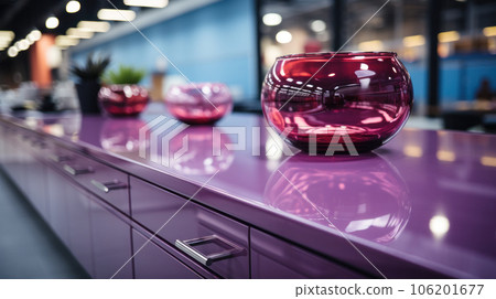 Purple Glance Kitchen in modern style with light worktop with kitchen utensils. 106201677