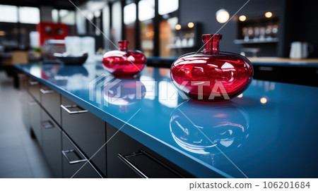 Blue Glance Kitchen in modern style with light worktop with kitchen utensils. 106201684