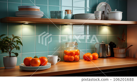 Glance Kitchen in modern style with light worktop with kitchen utensils. Glance Kitchen in modern style with light worktop with kitchen utensils. 106201688