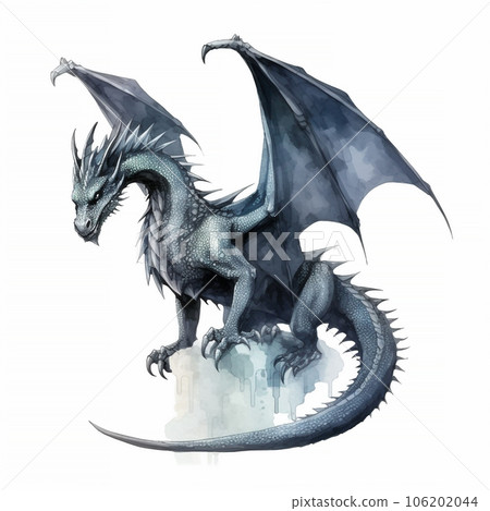 Watercolor black dragon illustration isolated on white background. Dark Fairy tale dragons 106202044