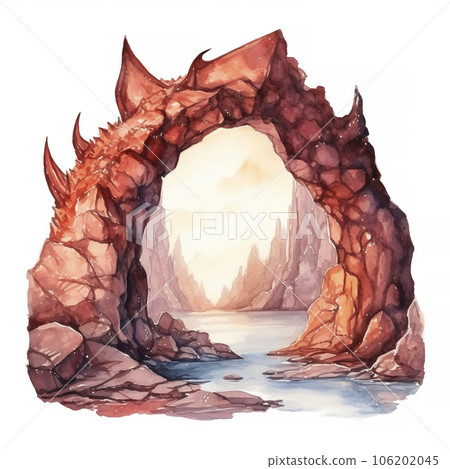 A fantasy painting of a dragon cave. Watercolor illustration isolated on white background. 106202045