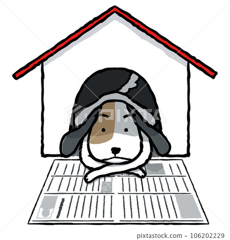 A dog reading a newspaper in a kennel 106202229