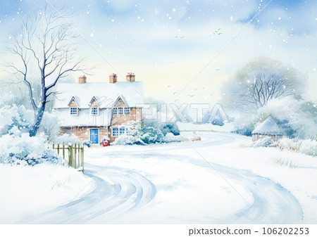 Merry Christmas and Happy Holidays, watercolour printable art print, English countryside cottage as snow winter holiday Christmas card, thank you and diy greeting card design, country style Merry Christmas and Happy Holidays, watercolour printable art print, English countryside cottage as snow winter holiday Christmas card, thank you and diy greeting card design, country style 106202253