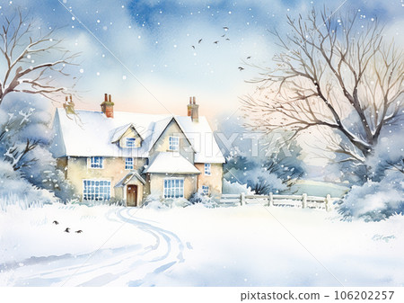 Merry Christmas and Happy Holidays, watercolour printable art print, English countryside cottage as snow winter holiday Christmas card, thank you and diy greeting card design, country style 106202257