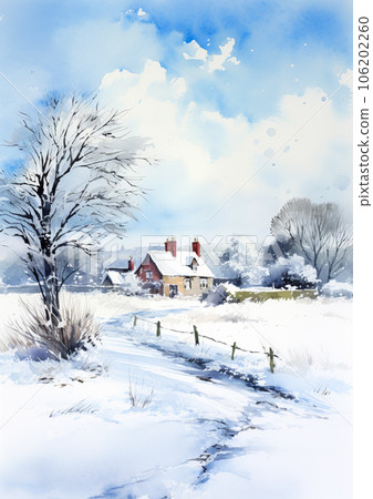 Merry Christmas and Happy Holidays, watercolour printable art print, English countryside cottage as snow winter holiday Christmas card, thank you and diy greeting card design, country style 106202260