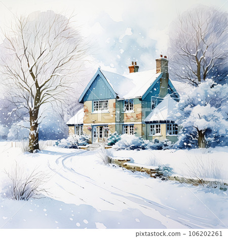 Merry Christmas and Happy Holidays, watercolour printable art print, English countryside cottage as snow winter holiday Christmas card, thank you and diy greeting card design, country style Merry Christmas and Happy Holidays, watercolour printable art print, English countryside cottage as snow winter holiday Christmas card, thank you and diy greeting card design, country style 106202261