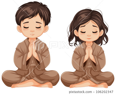 Boy and Girl Meditating with Eyes Closed Boy and Girl Meditating with Eyes Closed 106202347