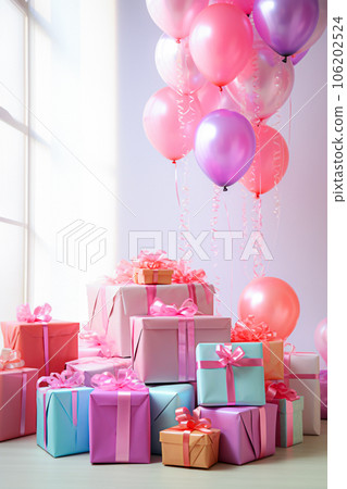 Gift boxes with pink ribbons and balloons on the window sill. selective focus. Generative AI 106202524