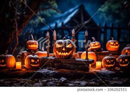 Halloween pumpkins with candles in the forest at night. selective focus. . Generative AI 106202551