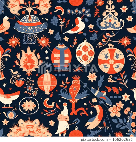 Christmas ornaments and decoration seamless pattern, holiday Christmas tree baubles, tileable country style print for wallpaper, wrapping paper, scrapbook, fabric and product design, generative ai Christmas ornaments and decoration seamless pattern, holiday Christmas tree baubles, tileable country style print for wallpaper, wrapping paper, scrapbook, fabric and product design, generative ai 106202685