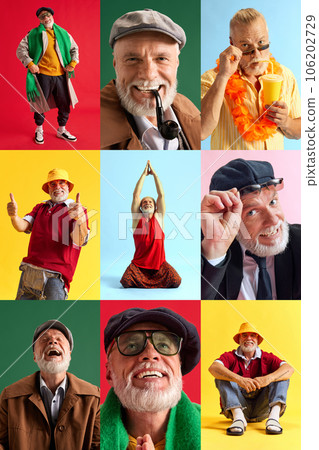 Vertical photo set collage of portraits of emotional senior man in diverse fashion style outfits expressing positive emotions Vertical photo set collage of portraits of emotional senior man in diverse fashion style outfits expressing positive emotions 106202729