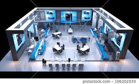 Commercial stand in an exhibition hall or a large professional salon ready to receive brands and advertisements 106202839