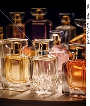 Luxury fragrance bottles at perfume scent at Stock