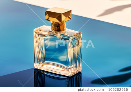 Luxury womens fragrance, bottle of perfume scent by the swimming pool in summer, bespoke perfumery and beauty product sale commercial, generative ai 106202916