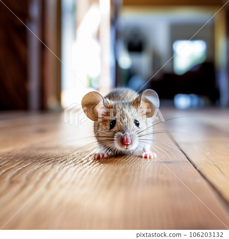 Cute little mouse on the wooden floor. selective focus. Generative AI 106203132