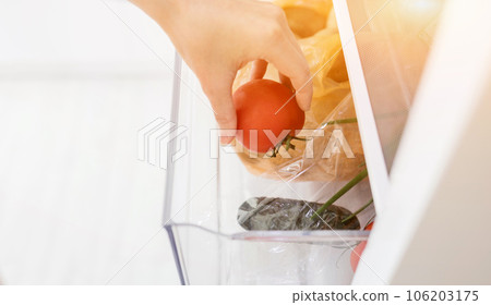 hand picks up tomato from the refrigerator hand picks up tomato from the refrigerator 106203175