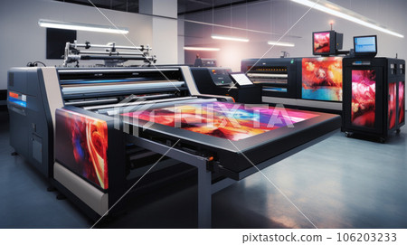 Interior of modern office printshop with multifunctional professional publishing and photocopy equipment. Business, paperwork and publication. Large format printer 106203233