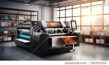 Interior of modern office printshop with multifunctional professional publishing and photocopy equipment. Business, paperwork and publication. Large format printer Interior of modern office printshop with multifunctional professional publishing and photocopy equipment. Business, paperwork and publication. Large format printer 106203248