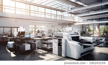 Interior of modern office printshop with multifunctional professional publishing and photocopy equipment. Business, paperwork and publication. Large format printer Interior of modern office printshop with multifunctional professional publishing and photocopy equipment. Business, paperwork and publication. Large format printer 106203249
