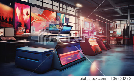 Interior of modern office printshop with multifunctional professional publishing and photocopy equipment. Business, paperwork and publication. Large format printer Interior of modern office printshop with multifunctional professional publishing and photocopy equipment. Business, paperwork and publication. Large format printer 106203250