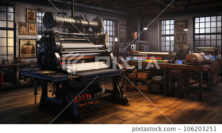 Interior of modern office printshop with multifunctional professional publishing and photocopy equipment. Business, paperwork and publication. Large format printer Interior of modern office printshop with multifunctional professional publishing and photocopy equipment. Business, paperwork and publication. Large format printer 106203251