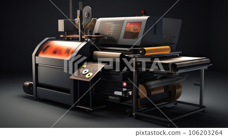 Interior of modern office printshop with multifunctional professional publishing and photocopy equipment. Business, paperwork and publication. Large format printer 106203264