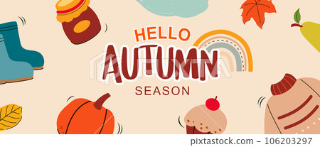 Hello autumn with element and leaves background. Autumn october hand drawn template design. 106203297