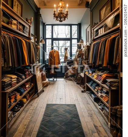 High street retail, small business and commercial interior, fashion store in the English countryside style, elegant country clothing shop showroom and luxurious boutique in the old town, generative ai 106203457