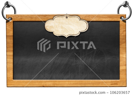 Empty Blackboard with Rectangular Wooden Frame and Blank Label 106203657
