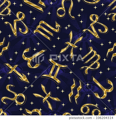 Seamless pattern with golden icons of all zodiac signs, stars, third eye, all seeing eye on dark blue background. Esoteric mystic concept. For prints, clothing, t shirt, surface design Seamless pattern with golden icons of all zodiac signs, stars, third eye, all seeing eye on dark blue background. Esoteric mystic concept. For prints, clothing, t shirt, surface design 106204314