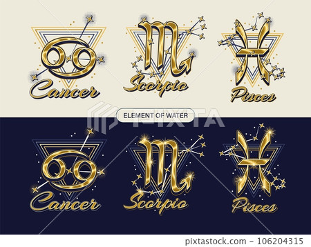 Set with golden icons of zodiac sign Cancer Stock