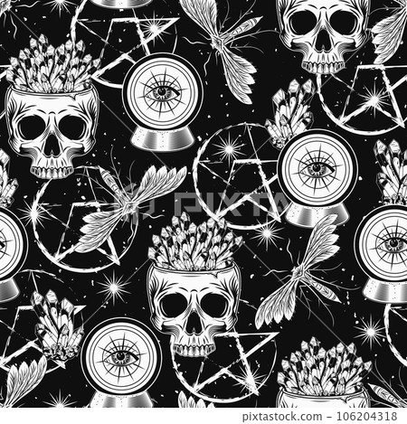Surreal pattern with magic ball, sphere with third eye, skull with crystals, butterfly, moth, pentagram. Concept of sacred spirit, mystery, secret knowledge. Vintage illustration 106204318