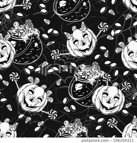 Pattern with witch cauldron full of traditional halloween candy, eyeballs, pumpkin heads like happy kids. Drops of goo, slime. Grunge silhouette of spider web behind Pattern with witch cauldron full of traditional halloween candy, eyeballs, pumpkin heads like happy kids. Drops of goo, slime. Grunge silhouette of spider web behind 106204321