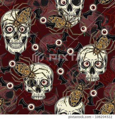 Halloween pattern with flying eye monsters, skull with red eyeballs, crawling robot spiders, grunge distorted silhouette of spider web. Freaky, creepy, spooky illustration in vintage style Halloween pattern with flying eye monsters, skull with red eyeballs, crawling robot spiders, grunge distorted silhouette of spider web. Freaky, creepy, spooky illustration in vintage style 106204322