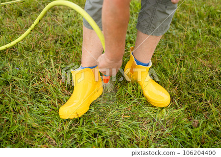 Close-up of a woman's hands washes yellow rubber boots from mud with a garden hose in the garden after working in the ground 106204400