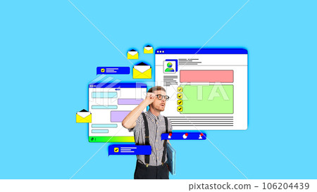 Young man, employee looking on his working plan, chatting with colleagues and partners, working with projects. Contemporary art collage. 106204439