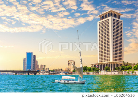 Boat in the Nile river by the bank of Cairo, Egypt Boat in the Nile river by the bank of Cairo, Egypt 106204536