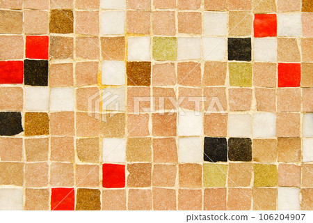 Old Mixed Ceramic tiles mosaic pattern background. Glass colorful tiles as Pixel texture. Old Mixed Ceramic tiles mosaic pattern background. Glass colorful tiles as Pixel texture. 106204907