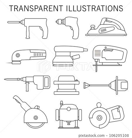 Electric power tools. Set of vector icons and illustration. Construction, repair and building. Drill, screwdriver, planer, jackhammer, jigsaw, plunge router. 106205108