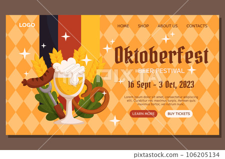 Oktoberfest German beer festival Landing template design. Design with glass of beer, fork with grilled sausage, pretzel, wheat and leaves, Germany color flag. Light orange rhombus pattern. 106205134