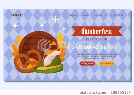Oktoberfest German beer festival Landing template design. Design with Tyrolean hat, fork with grilled sausage, pretzel, wooden barrel, wheat and leaves. Light blue rhombus pattern. 106205135