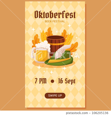 Oktoberfest German beer festival vertical social media stories template. Design with Tyrolean hat, beer mug, wooden barrel, Germany colors festive garland, wheat, leaves. Light yellow rhombus pattern. Oktoberfest German beer festival vertical social media stories template. Design with Tyrolean hat, beer mug, wooden barrel, Germany colors festive garland, wheat, leaves. Light yellow rhombus pattern. 106205136