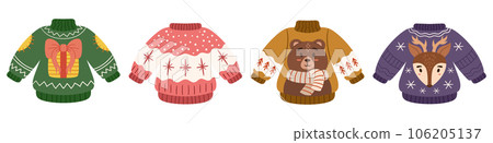 Ugly sweater party. Merry Christmas collection with funny sweaters. Big set with hand drawn falt holidays pullover - bear, deer, giftbox and snowflake pattern 106205137