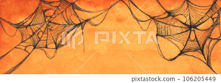 Watercolor painting of shabby orange wall covered with spooky spider web. Watercolor painting of shabby orange wall covered with spooky spider web. 106205449