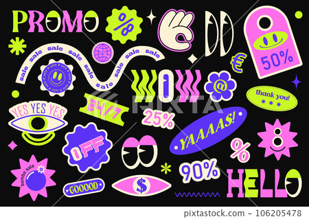 Collection of trendy promo labels tags, stickers, stamps for shopping and packaging, discounts. Vector set Y2K modern trend Collection of trendy promo labels tags, stickers, stamps for shopping and packaging, discounts. Vector set Y2K modern trend 106205478