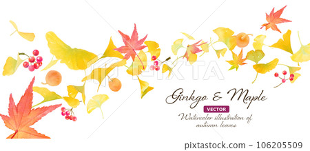 銀杏葉、秋葉和風中飄揚的紅色漿果的波浪背景。秋天圖像的水彩插圖。向量 銀杏葉、秋葉和風中飄揚的紅色漿果的波浪背景。秋天圖像的水彩插圖。向量 106205509