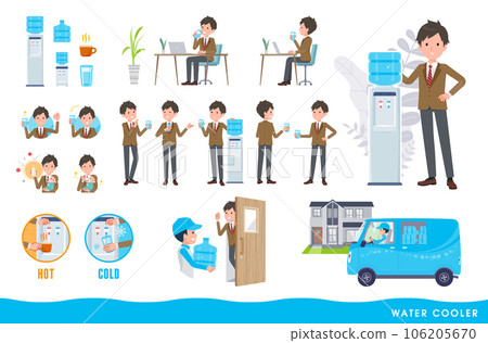 一套飲水機和西裝外套男學生。易於編輯的矢量藝術。 106205670