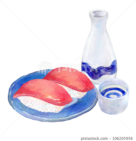 Watercolor illustration Nigiri sushi and sake Watercolor illustration Nigiri sushi and sake 106205956